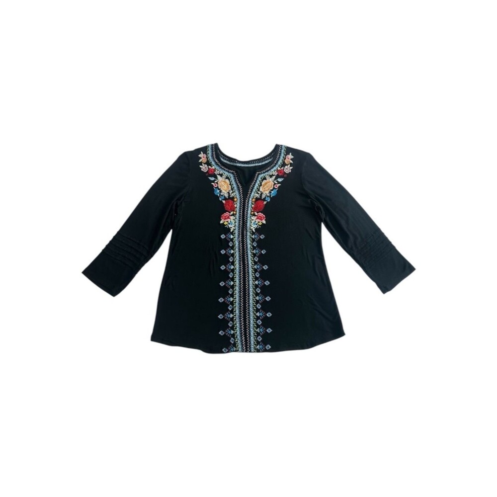 Embroidered Boho Top Black Floral Stitching Soft Stretch Blouse M - Picture 2 of 7